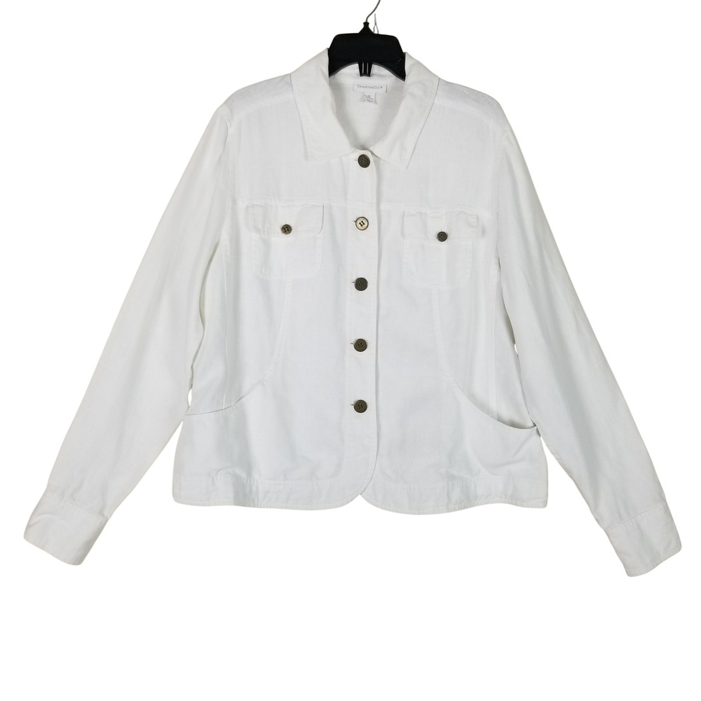 Charter Club Linen Jacket Women XL White Button Front Utility Coastal Classic